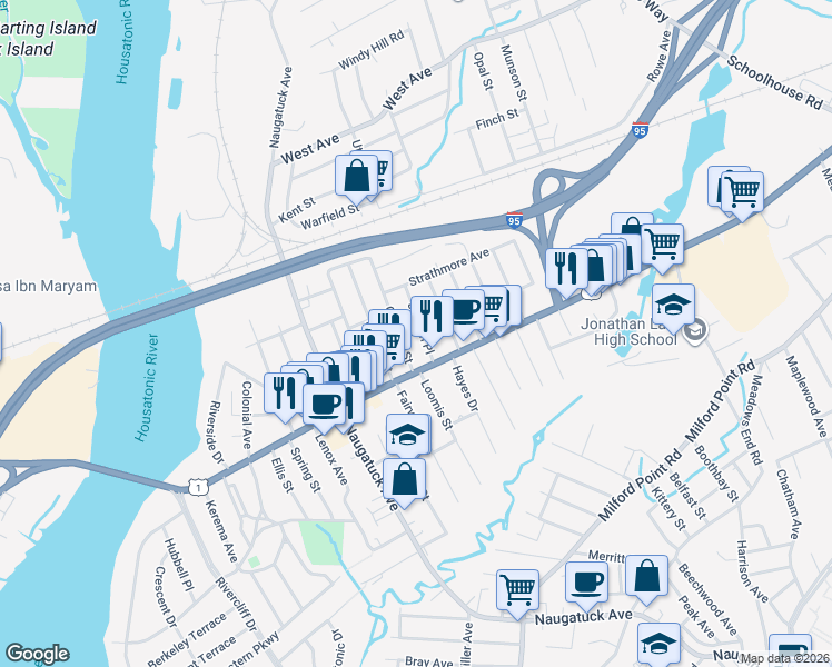 map of restaurants, bars, coffee shops, grocery stores, and more near 46 Judson Place in Milford
