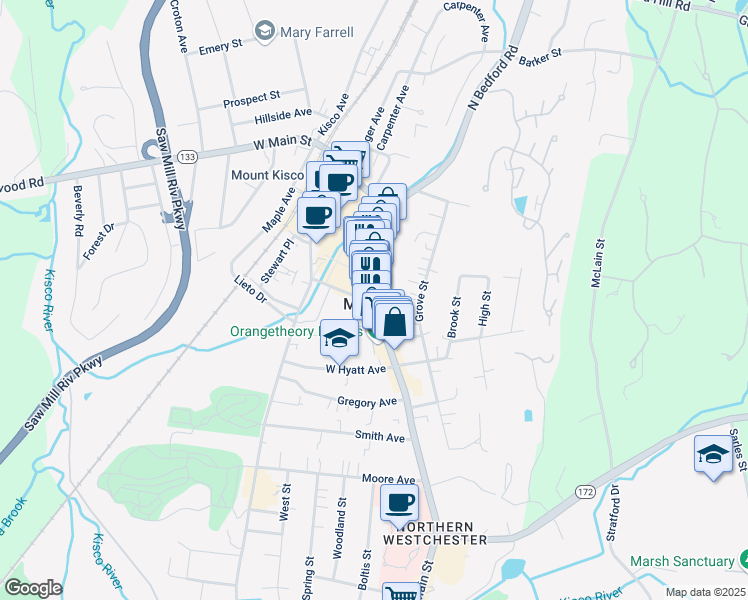 map of restaurants, bars, coffee shops, grocery stores, and more near 161-163 Main Street in Mount Kisco