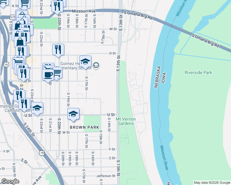 map of restaurants, bars, coffee shops, grocery stores, and more near 5226 South 13th Street in Omaha