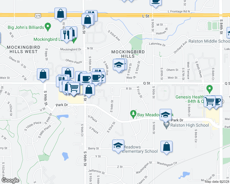 map of restaurants, bars, coffee shops, grocery stores, and more near 5308 South 94th Court in Omaha