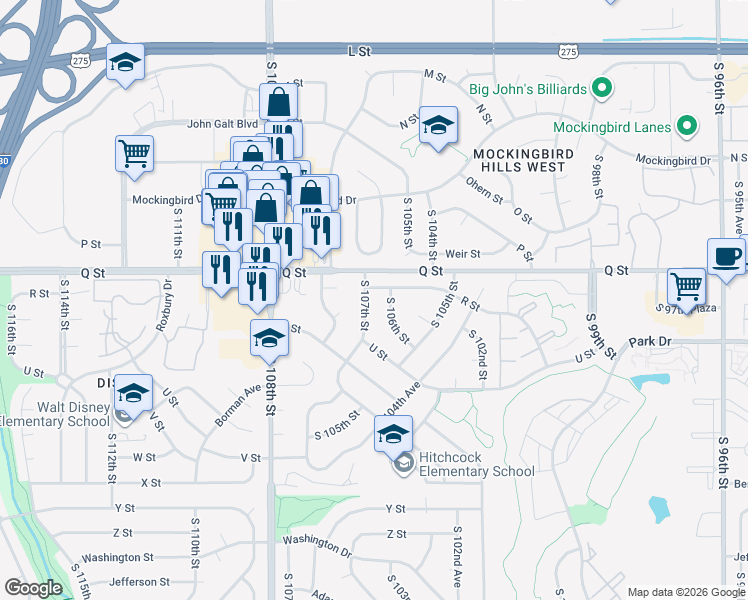 map of restaurants, bars, coffee shops, grocery stores, and more near 10662 R Street in Omaha