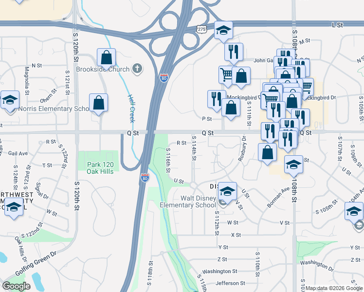 map of restaurants, bars, coffee shops, grocery stores, and more near 11422 R Street in Omaha