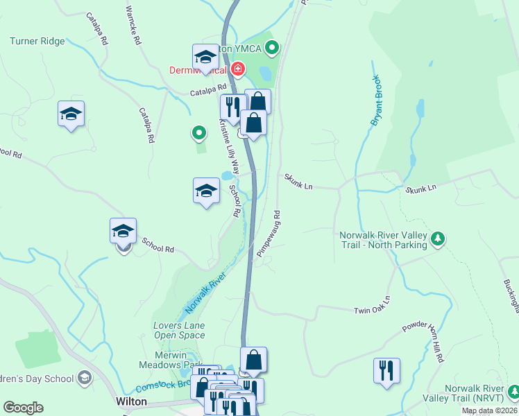 map of restaurants, bars, coffee shops, grocery stores, and more near 51 Pimpewaug Road in Wilton