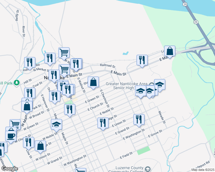 map of restaurants, bars, coffee shops, grocery stores, and more near 399 Shea Alley in Nanticoke