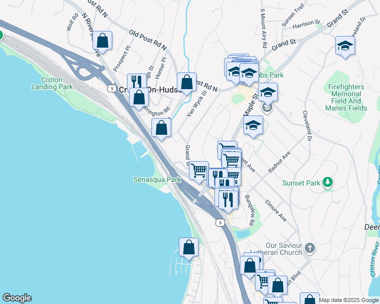 map of restaurants, bars, coffee shops, grocery stores, and more near 40 Grand Street in Croton-on-Hudson