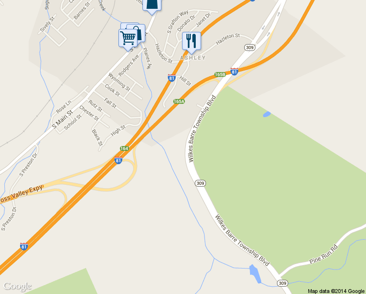 map of restaurants, bars, coffee shops, grocery stores, and more near 2300 Highway 309 in Ashley