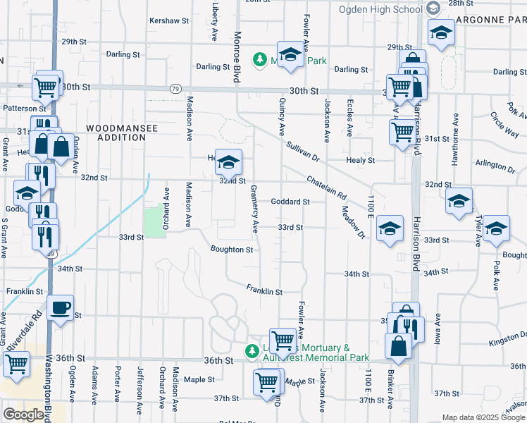 map of restaurants, bars, coffee shops, grocery stores, and more near 3239 Gramercy Avenue in Ogden