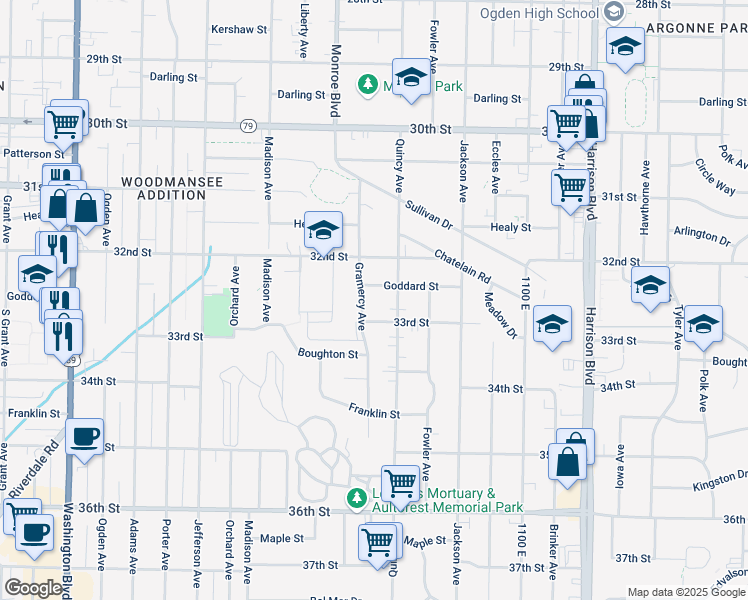 map of restaurants, bars, coffee shops, grocery stores, and more near 3239 Gramercy Avenue in Ogden