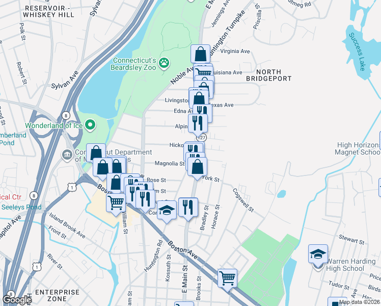 map of restaurants, bars, coffee shops, grocery stores, and more near 190 Hickory Street in Bridgeport