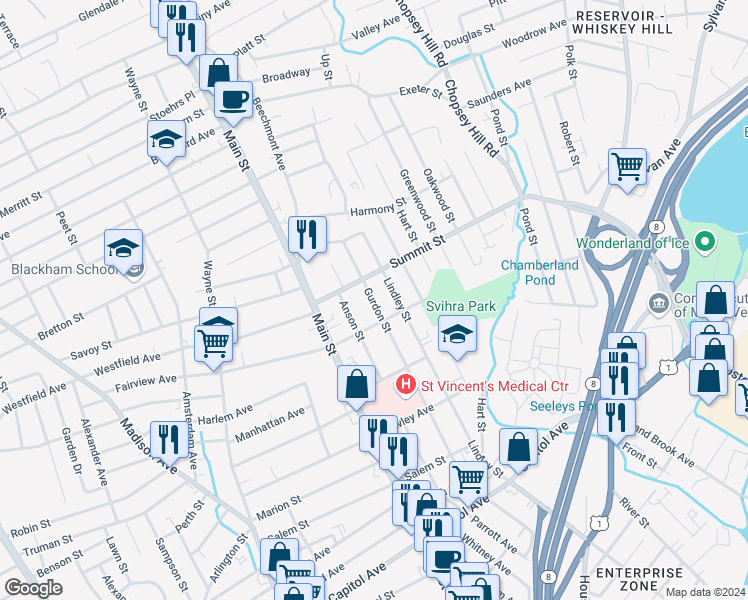map of restaurants, bars, coffee shops, grocery stores, and more near 425 Summit Street in Bridgeport