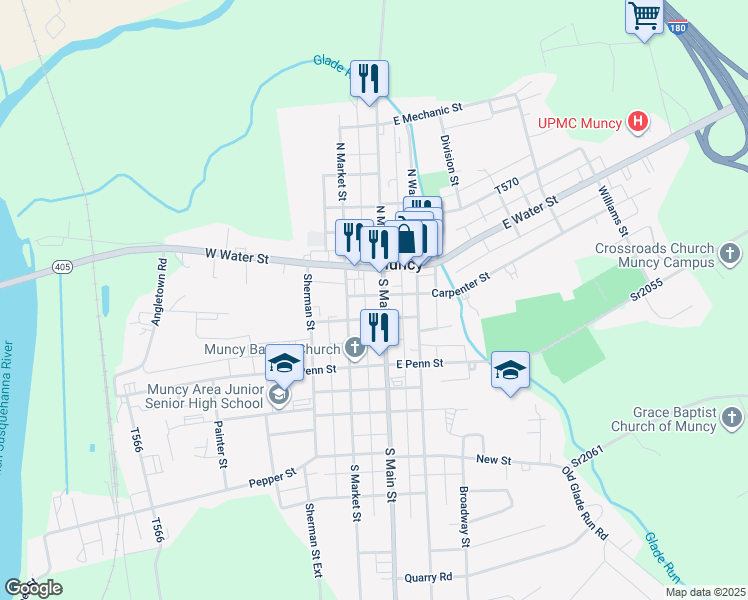 map of restaurants, bars, coffee shops, grocery stores, and more near 7 East Water Street in Muncy