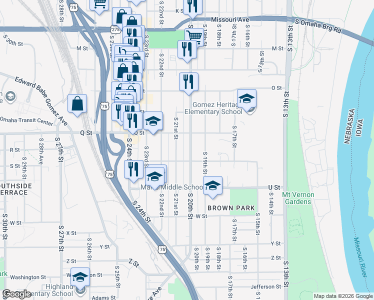 map of restaurants, bars, coffee shops, grocery stores, and more near 5215 South 20th Street in Omaha