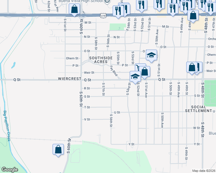 map of restaurants, bars, coffee shops, grocery stores, and more near 5419 Q Street in Omaha