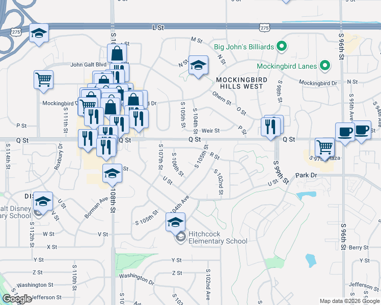 map of restaurants, bars, coffee shops, grocery stores, and more near 10528 R Street in Omaha