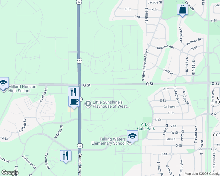 map of restaurants, bars, coffee shops, grocery stores, and more near 20052-20192 Q Street in Omaha