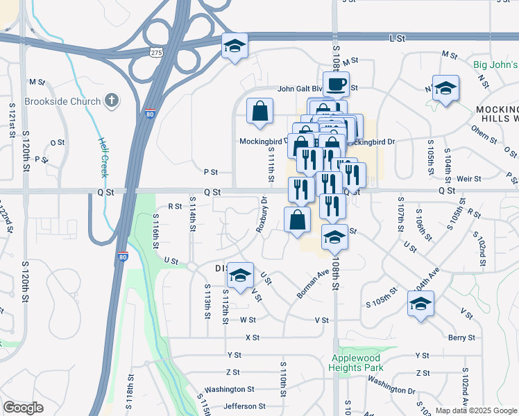 map of restaurants, bars, coffee shops, grocery stores, and more near 11001 R Plaza in Omaha