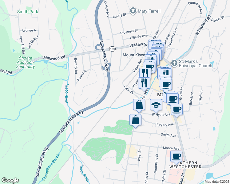 map of restaurants, bars, coffee shops, grocery stores, and more near 100 Diplomat Drive in Mount Kisco