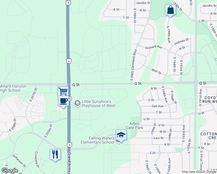 map of restaurants, bars, coffee shops, grocery stores, and more near 19924-20050 Q Street in Omaha