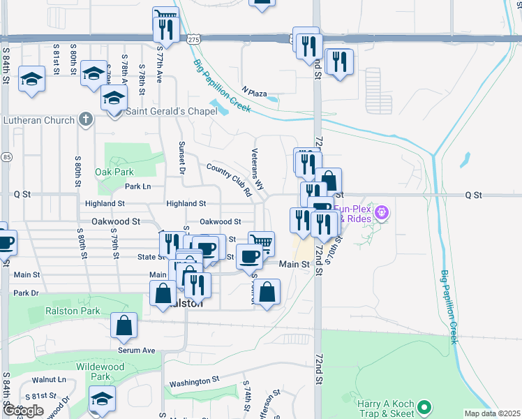 map of restaurants, bars, coffee shops, grocery stores, and more near 62 Country Club Road in Ralston
