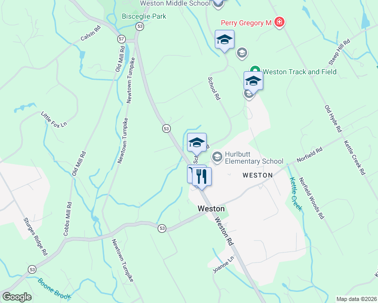 map of restaurants, bars, coffee shops, grocery stores, and more near 6 School Path Road in Weston