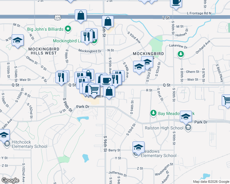 map of restaurants, bars, coffee shops, grocery stores, and more near 5404 South 95th Court in Omaha