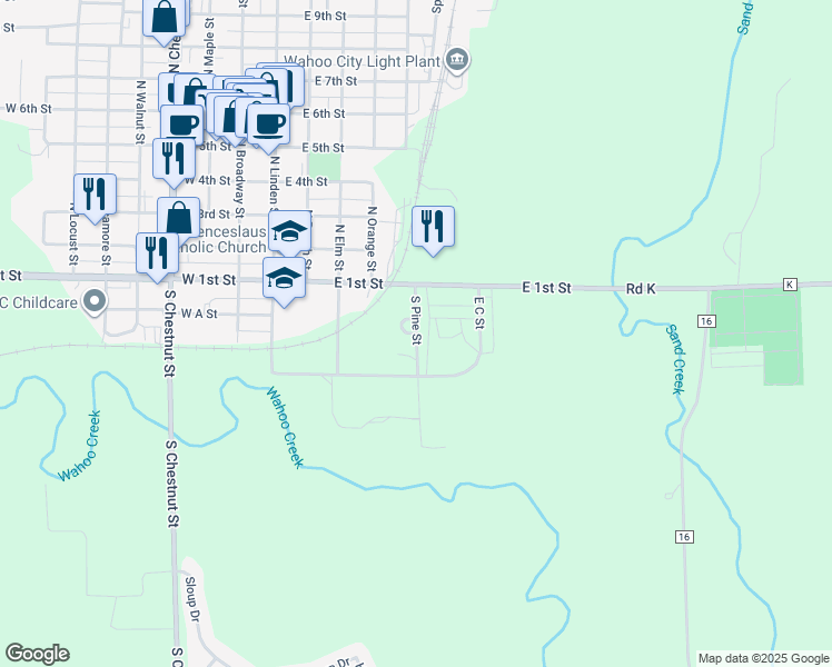 map of restaurants, bars, coffee shops, grocery stores, and more near 259 S Pine St in Wahoo