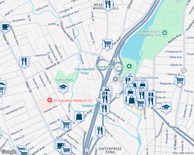 map of restaurants, bars, coffee shops, grocery stores, and more near 34 Chamberlain Avenue in Bridgeport