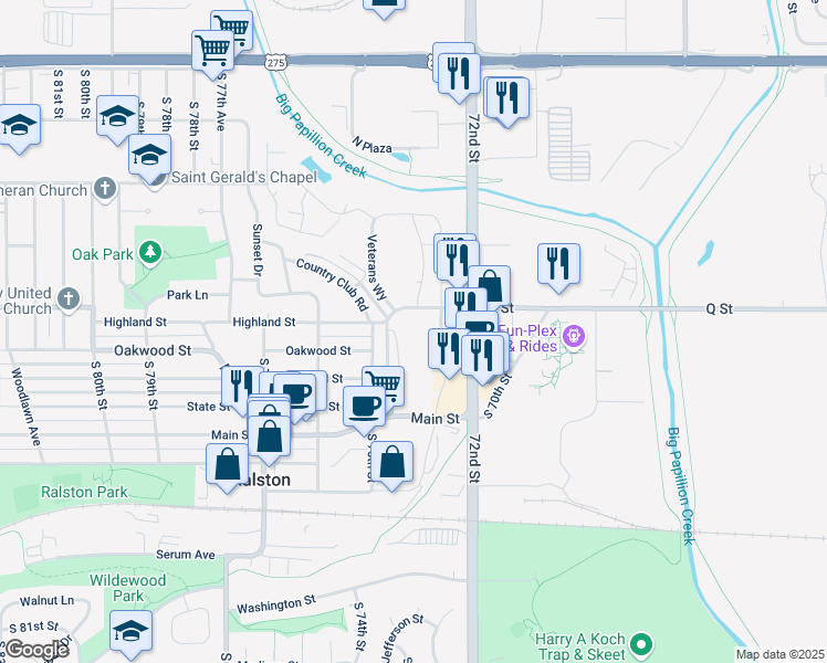 map of restaurants, bars, coffee shops, grocery stores, and more near 7301 Q Street in Ralston