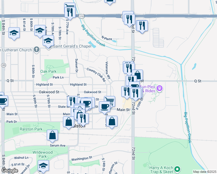 map of restaurants, bars, coffee shops, grocery stores, and more near 62 Country Club Road in Ralston
