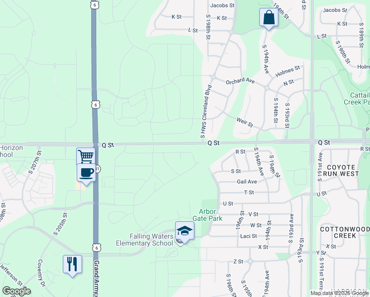 map of restaurants, bars, coffee shops, grocery stores, and more near 19852-19922 Q Street in Omaha