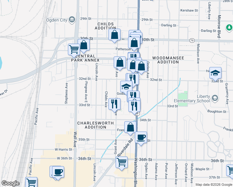 map of restaurants, bars, coffee shops, grocery stores, and more near 1956 South Grant Avenue in Ogden