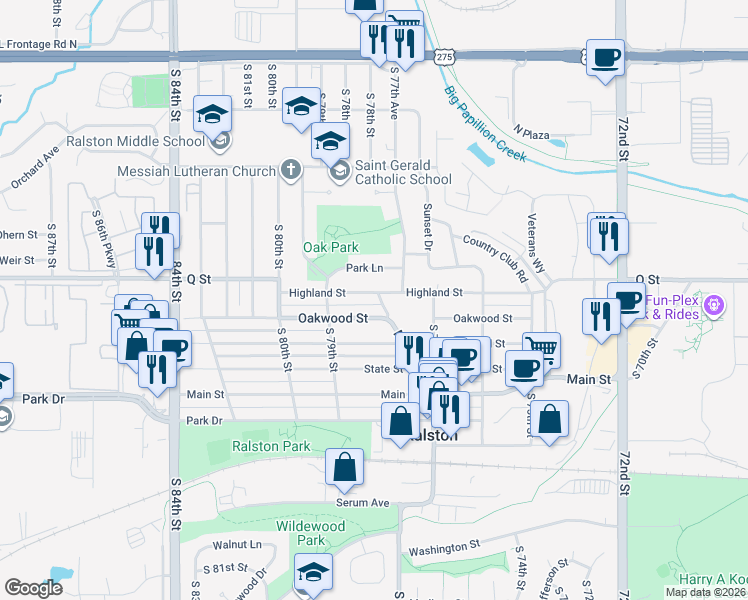 map of restaurants, bars, coffee shops, grocery stores, and more near 7750 Highland Street in Ralston