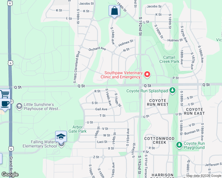 map of restaurants, bars, coffee shops, grocery stores, and more near 19452 R Street in Omaha