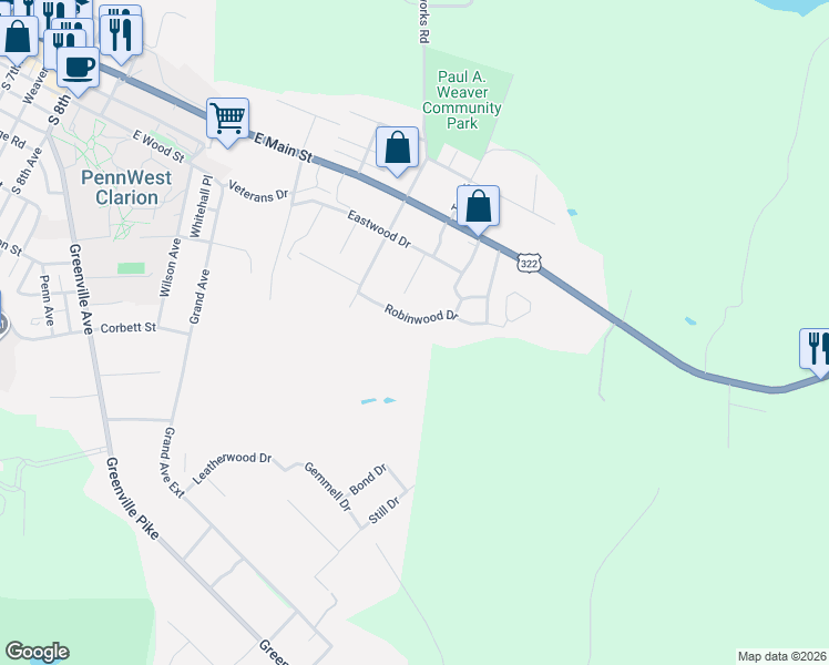 map of restaurants, bars, coffee shops, grocery stores, and more near 34-1326 Robinwood Drive in Clarion