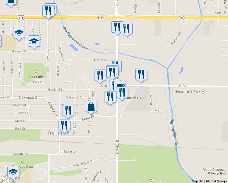 map of restaurants, bars, coffee shops, grocery stores, and more near 5208 S 72nd St in Ralston