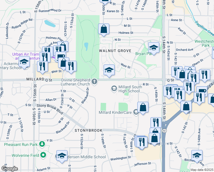 map of restaurants, bars, coffee shops, grocery stores, and more near 14905 Q Street in Omaha
