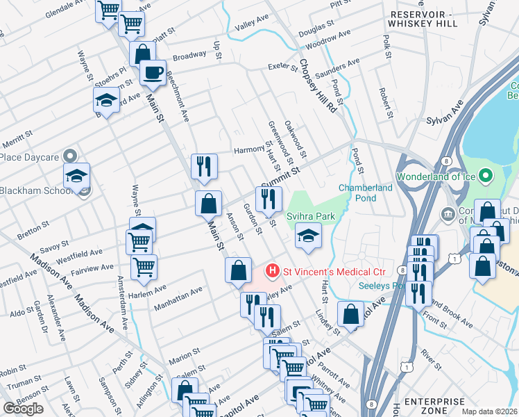 map of restaurants, bars, coffee shops, grocery stores, and more near 1122 Lindley Street in Bridgeport