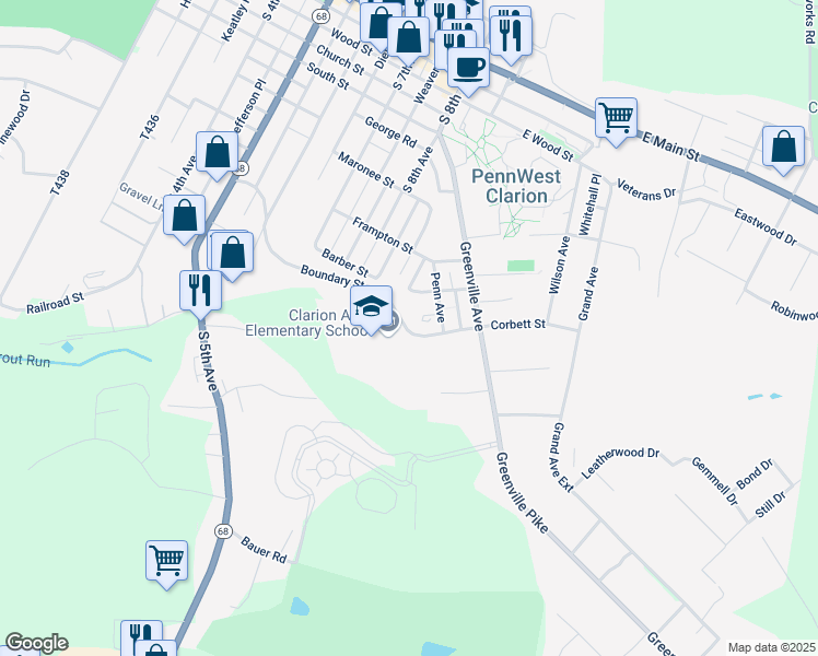 map of restaurants, bars, coffee shops, grocery stores, and more near 800-898 Boundary Street in Clarion