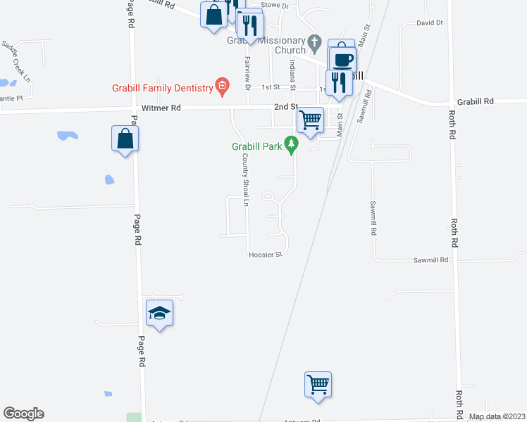 map of restaurants, bars, coffee shops, grocery stores, and more near 13419 Wheat Mill Court in Grabill