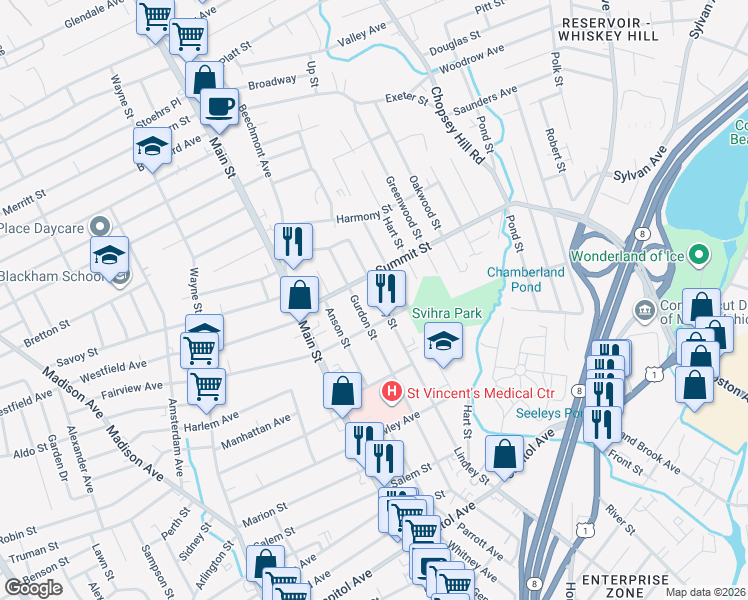 map of restaurants, bars, coffee shops, grocery stores, and more near 1122 Lindley Street in Bridgeport