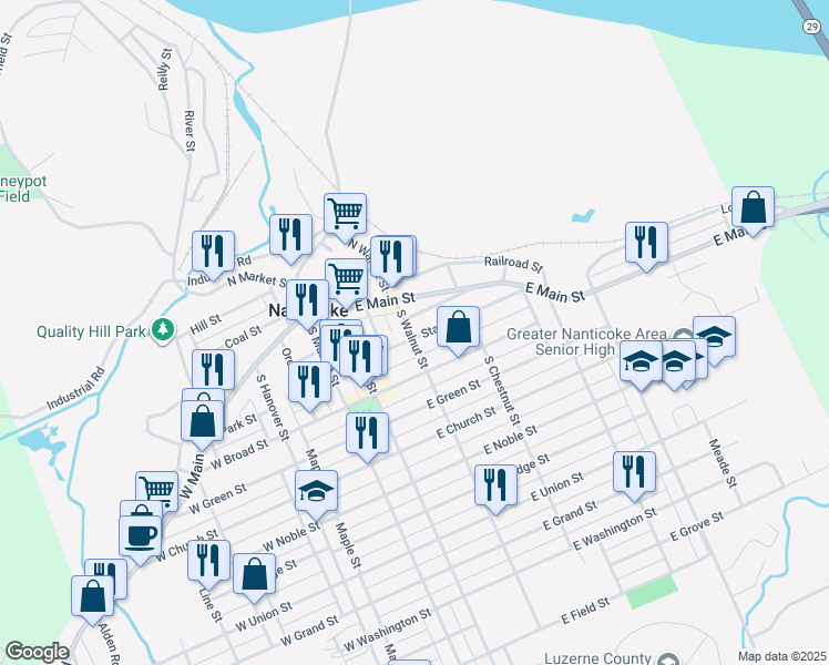 map of restaurants, bars, coffee shops, grocery stores, and more near 236 State Street in Nanticoke
