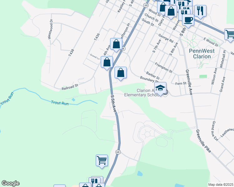 map of restaurants, bars, coffee shops, grocery stores, and more near 507 South 5th Avenue in Clarion