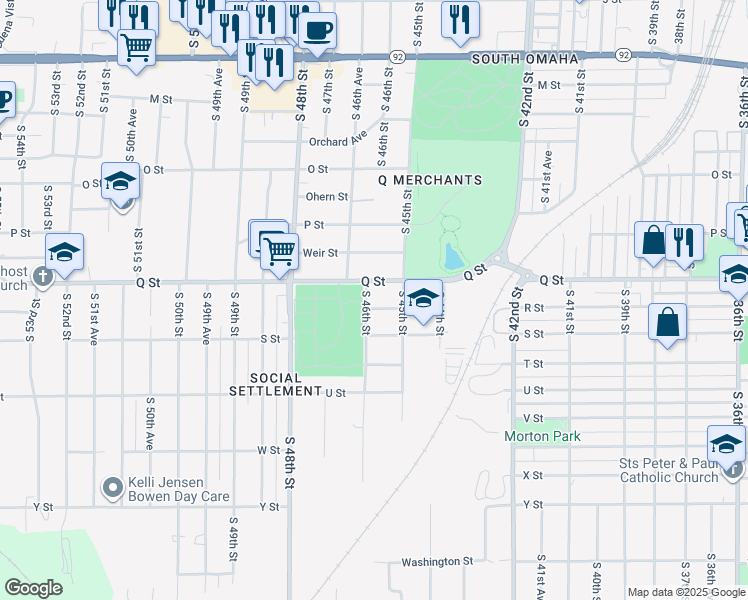 map of restaurants, bars, coffee shops, grocery stores, and more near 4601 Q Street in Omaha