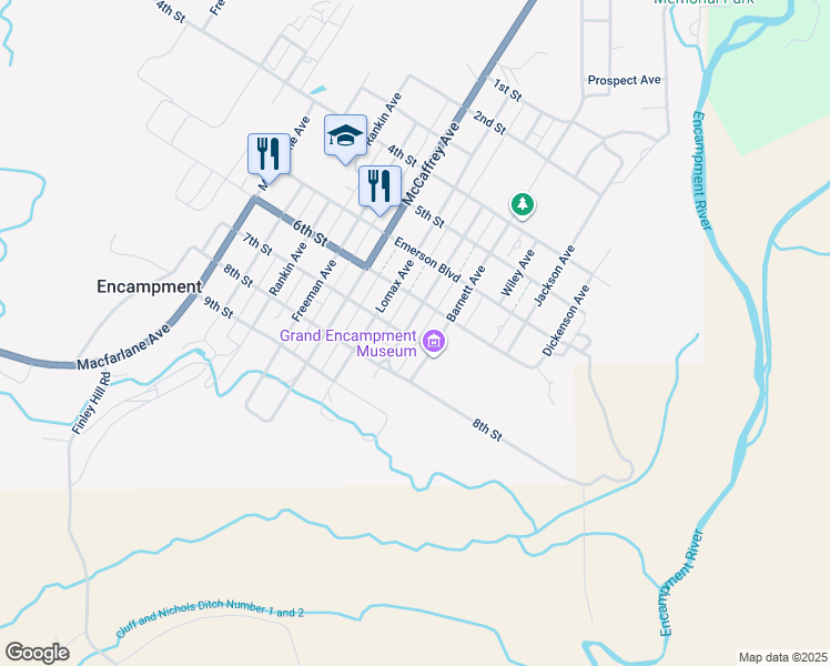 map of restaurants, bars, coffee shops, grocery stores, and more near 701-799 Heizer Ave in Encampment