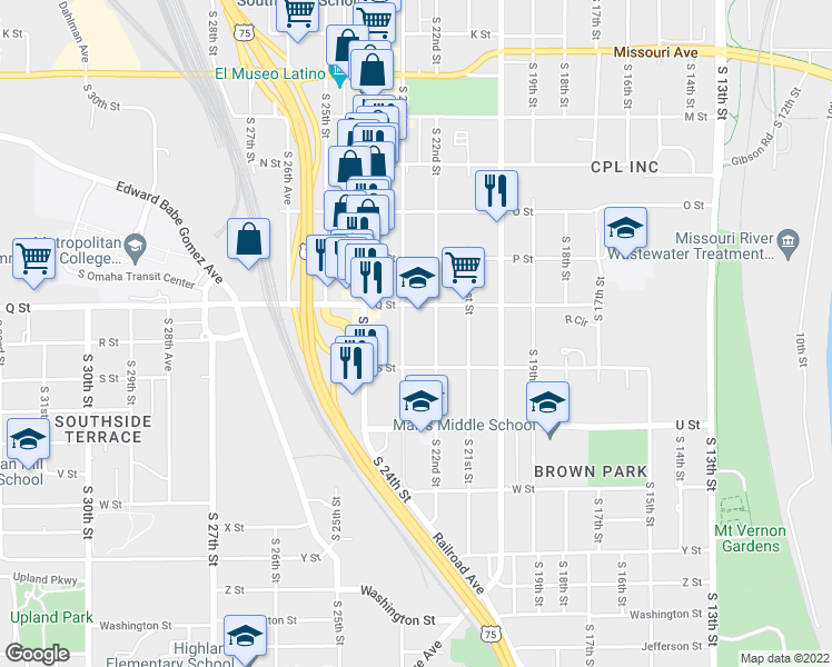 map of restaurants, bars, coffee shops, grocery stores, and more near 2215 Q Street in Omaha
