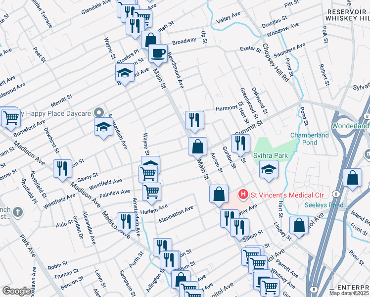 map of restaurants, bars, coffee shops, grocery stores, and more near 38 Savoy Street in Bridgeport