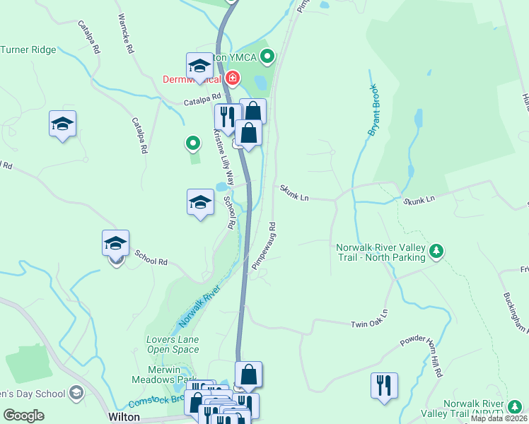 map of restaurants, bars, coffee shops, grocery stores, and more near 51 Pimpewaug Road in Wilton