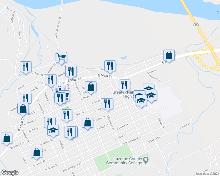 map of restaurants, bars, coffee shops, grocery stores, and more near 365 East Broad Street in Nanticoke