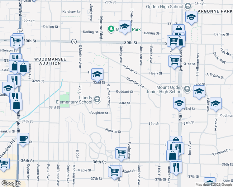 map of restaurants, bars, coffee shops, grocery stores, and more near 879 Goddard Street in Ogden