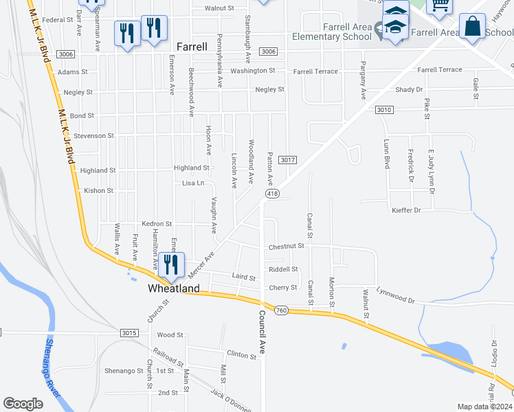 map of restaurants, bars, coffee shops, grocery stores, and more near 117 Mercer Avenue in Farrell